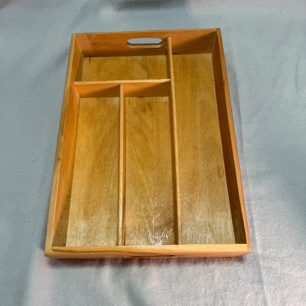 Vintage Wood Cutlery Divided Tray Organizer Silverware Drawer Romania Dovetail